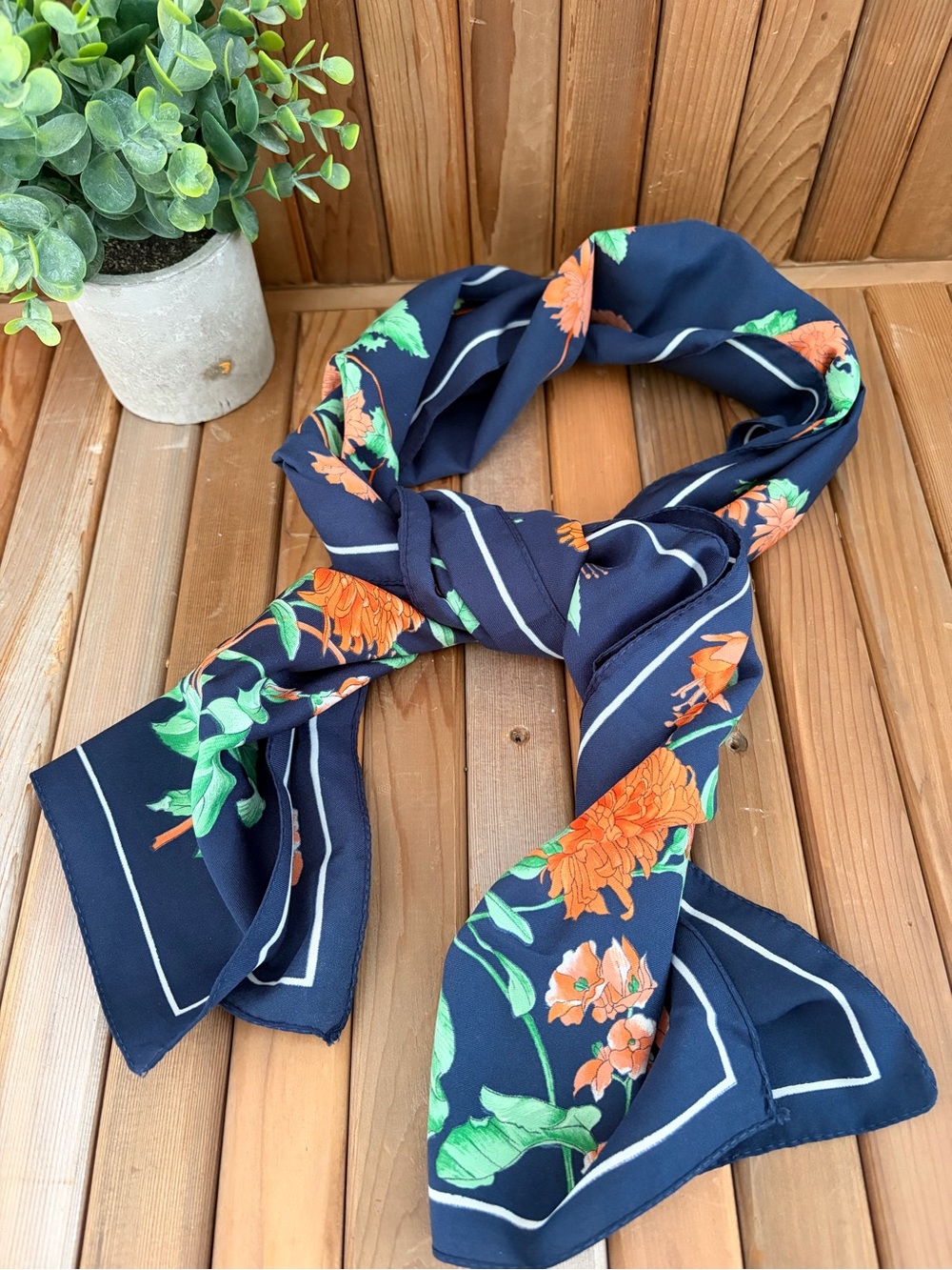 Vintage Floral Scarf with Orange & Green Blooms, Midcentury Silk, Cottagecore - Picture 4 of 5